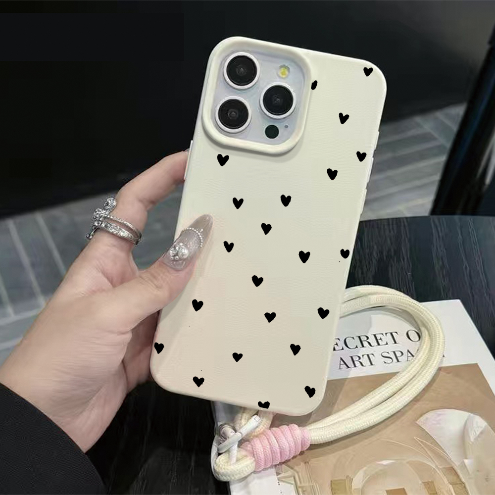 Phone Cases With Straps - Siyah Kalp Askılı Halatlı Telefon Kılıfı