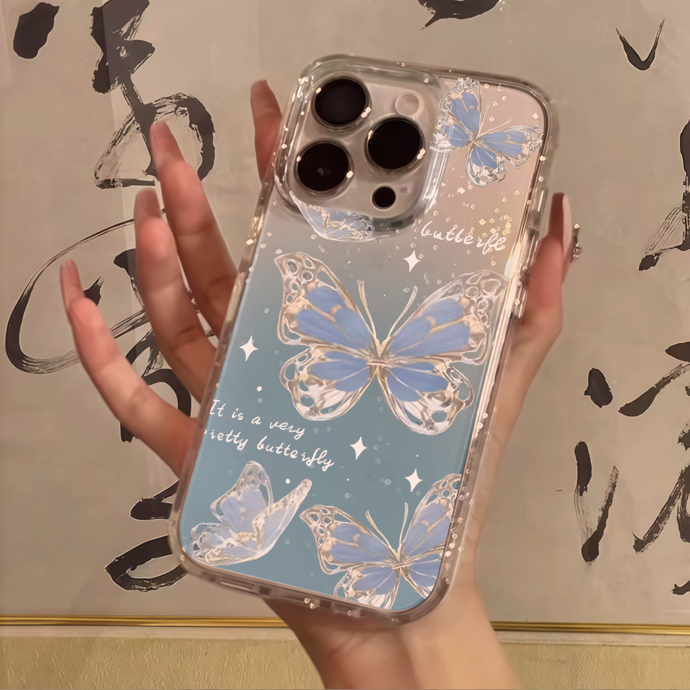 Phone Cases Classy - Lüks Mavi Kelebek Şeffaf Simli Telefon